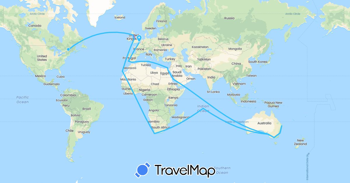 TravelMap itinerary: driving, train, boat in Australia, Canada, Egypt, Spain, France, United Kingdom, Gibraltar, Italy, Portugal, South Africa (Africa, Europe, North America, Oceania)